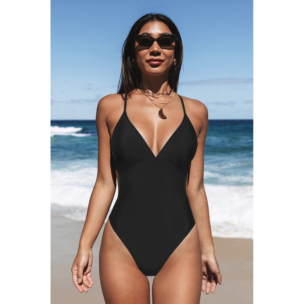 Cupshe Black V Neck One Piece Swimsuit Cutout Back ASL0179BB XL NWT